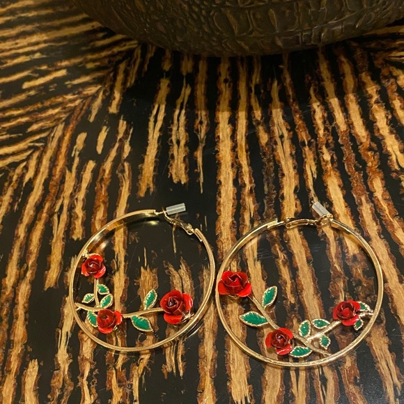Elegant Red Rose Hoop Earrings - Picture 1 of 6